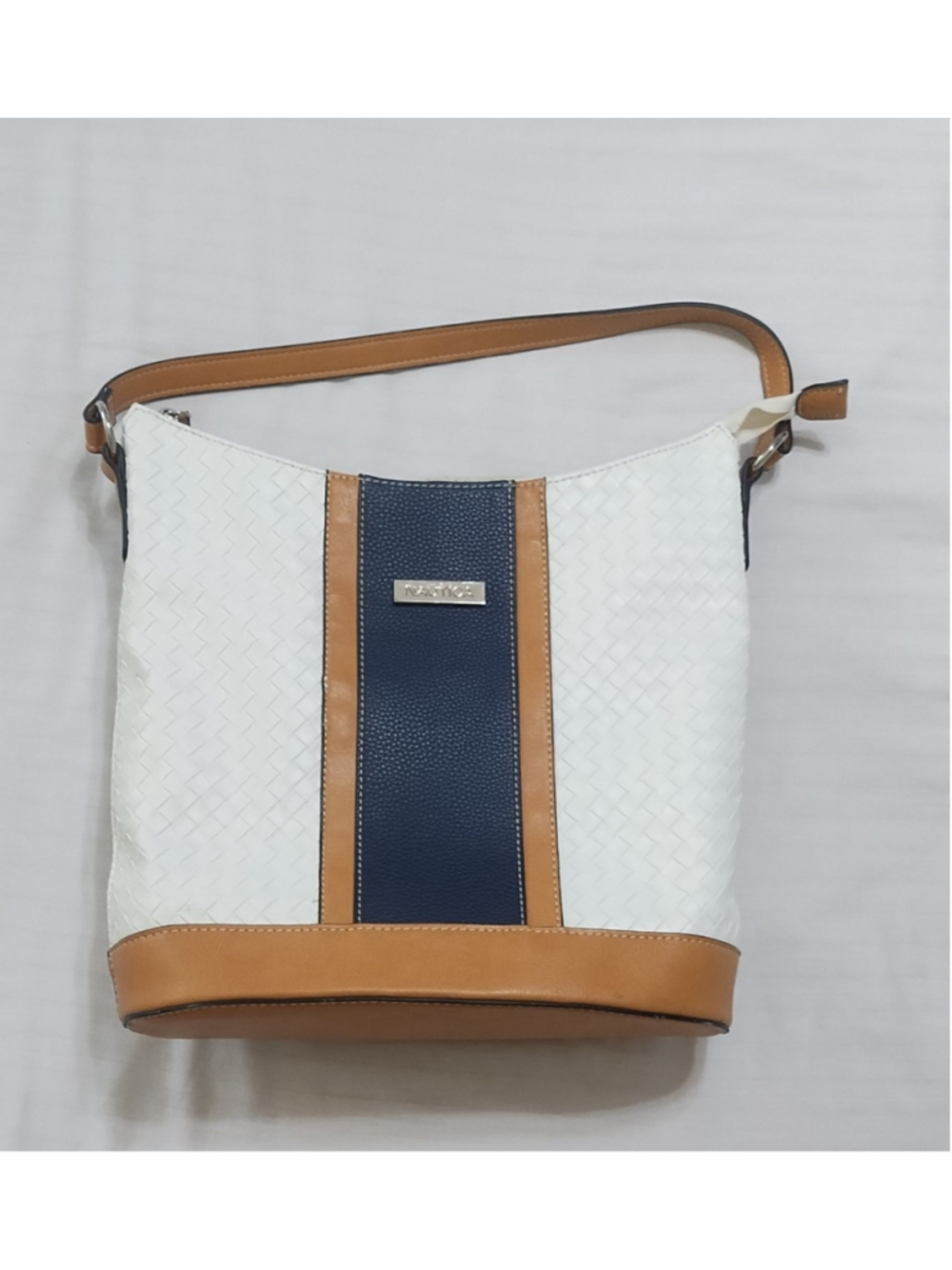 Nautica satchel/tote bag. 121/2"H x 10"W x 5"d. White, blue, tan. 18" strap.
